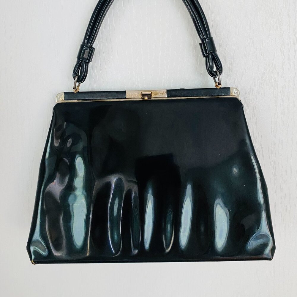 Vintage Black Patent Classic Frame Top-Handle Handbag with Retro Floral Lining